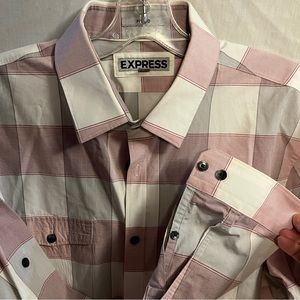 Express Men's White Gray Pink Striped Convertible Sleeve Button Down Shirt L